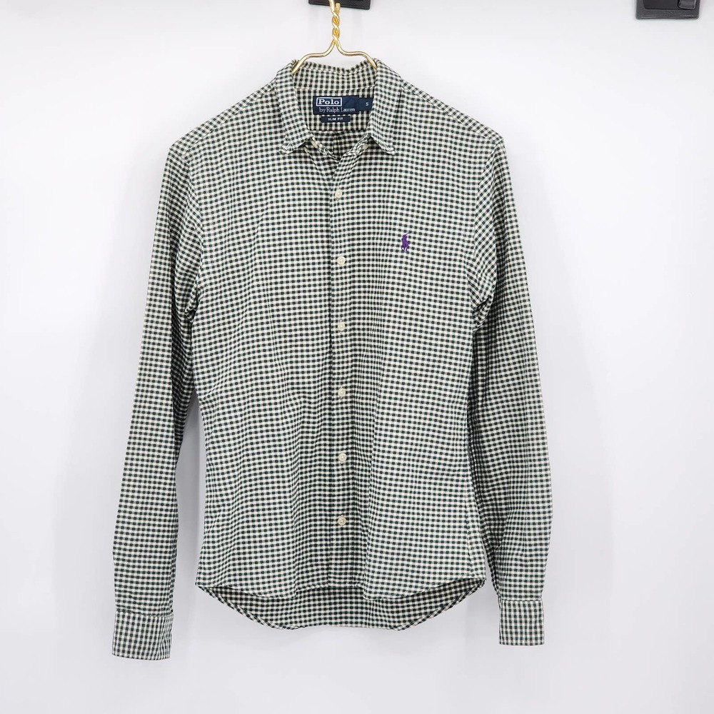Polo Ralph Lauren Green White Gingham Slim Fit Men's Collared Shirt Size Small